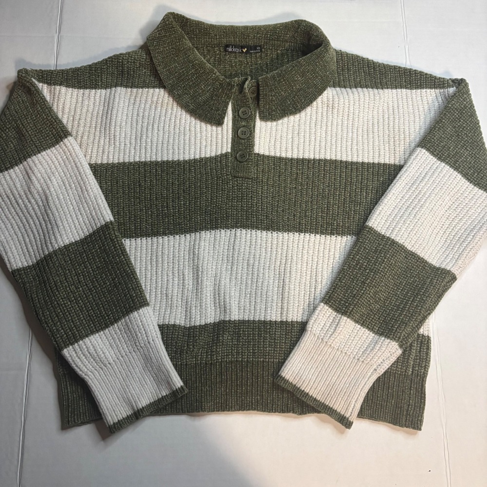 Nikka K Chenille Striped Polo Sweater Olive Green Cream XS Long Sleeve Collared
